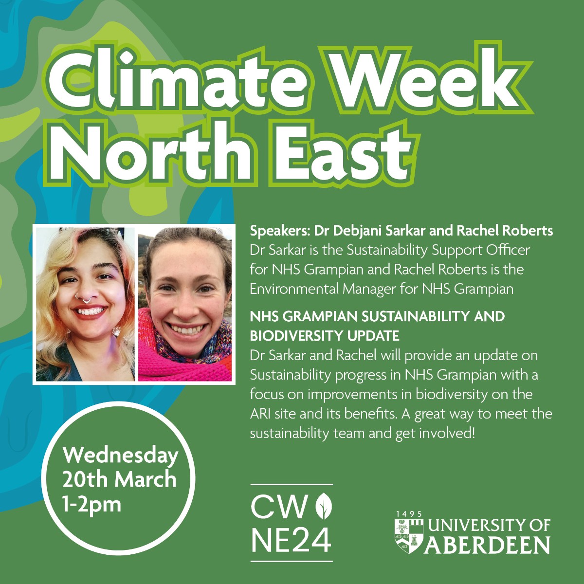 'NHS Grampian Sustainability and Biodiversity Update' at 1pm (UK time) today. This talk will be hosted on Microsoft Teams and is open to all to attend. Register to attend for free here: abdn.io/wU #ClimateWeekNorthEast #CWNE24 @NescanHub @NHSGrampian