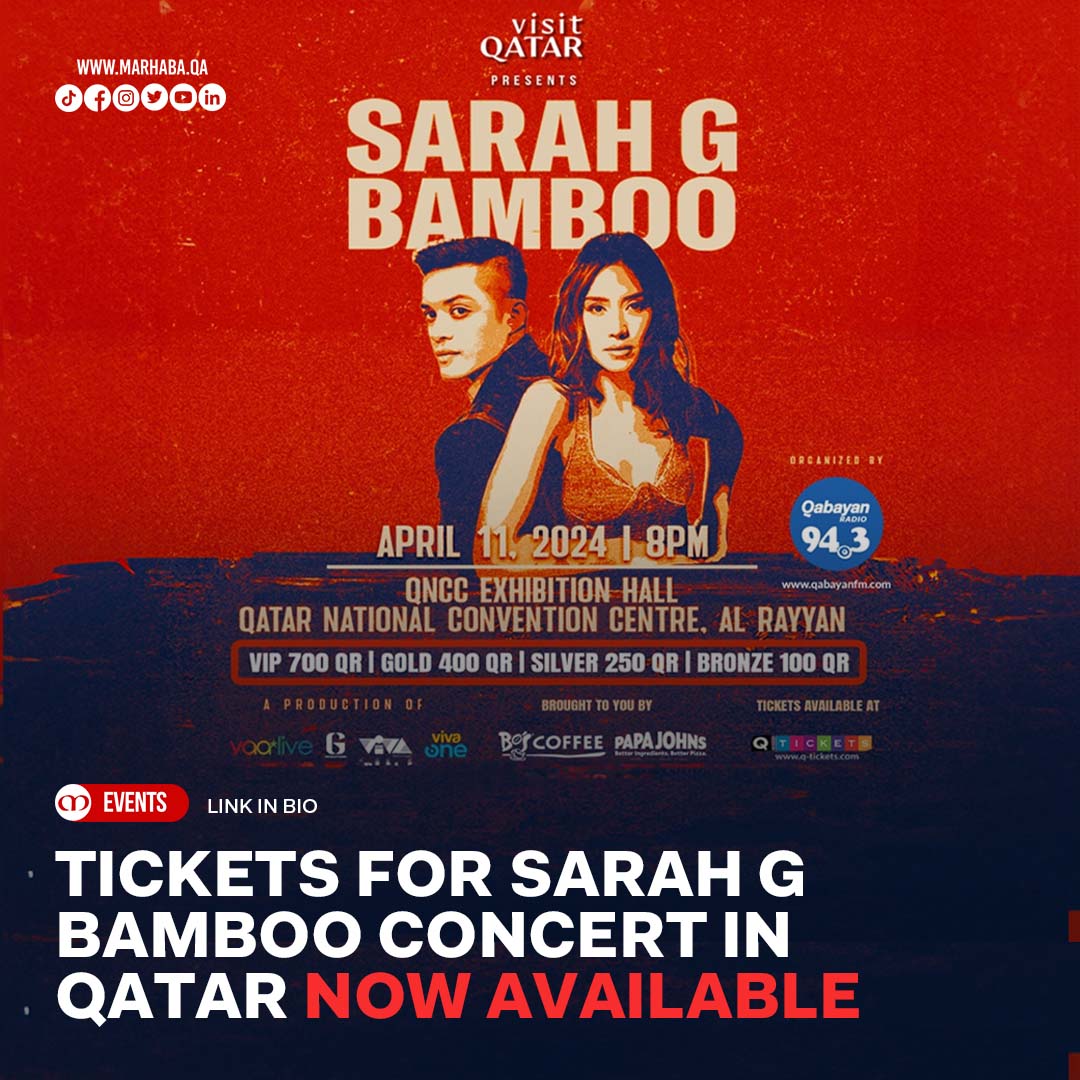 Filipino global sensations #SarahGeronimo and #Bamboo are coming back to #Qatar for a musical collaboration set to enthral the Filipino community and beyond. Tickets here: tinyurl.com/s2r2w77u #MarhabaQatar #VisitQatar #SarahGxBamboo #LiveInDoha #Qabayan5thAnniversary