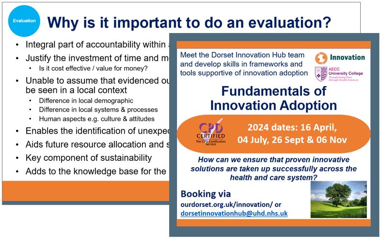 Evaluation is an integral part of #innovation adoption as it can't be assumed that evidenced benefits will be replicated locally. #DorsetInnovationHub training 'Fundamentals of Innovation Adoption' provides key info on setting up an evaluation. Sign up 👉 forms.office.com/e/3zmZSidu6H