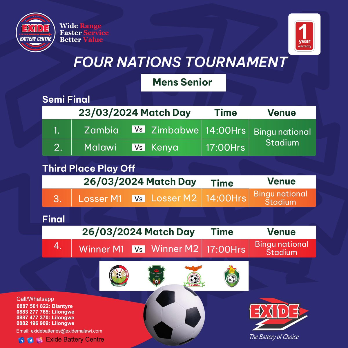 exide_centre's tweet photo. FOUR NATIONS SOCCER TOURNAMENT Men Senior Fixture.
Venue: Bingu National Stadium
#comeletssupport #malawi https://t.co/bVCKsaZ5P5
