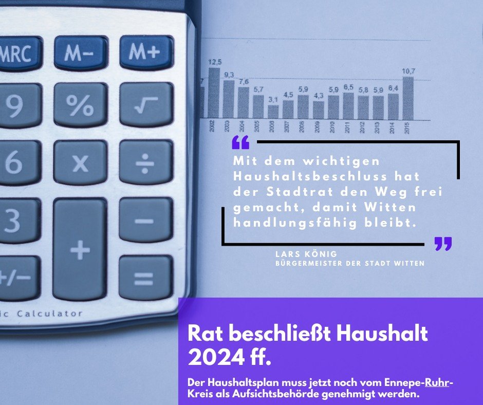Der Stadtrat hat gestern dem Haushaltsplan 2024 ff. zugestimmt. 📊✅„Mit dem wichtigen Haushaltsbeschluss hat der Stadtrat den Weg freigemacht, damit Witten handlungsfähig bleibt“, betont Bürgermeister Lars König. bit.ly/3VqVj5U