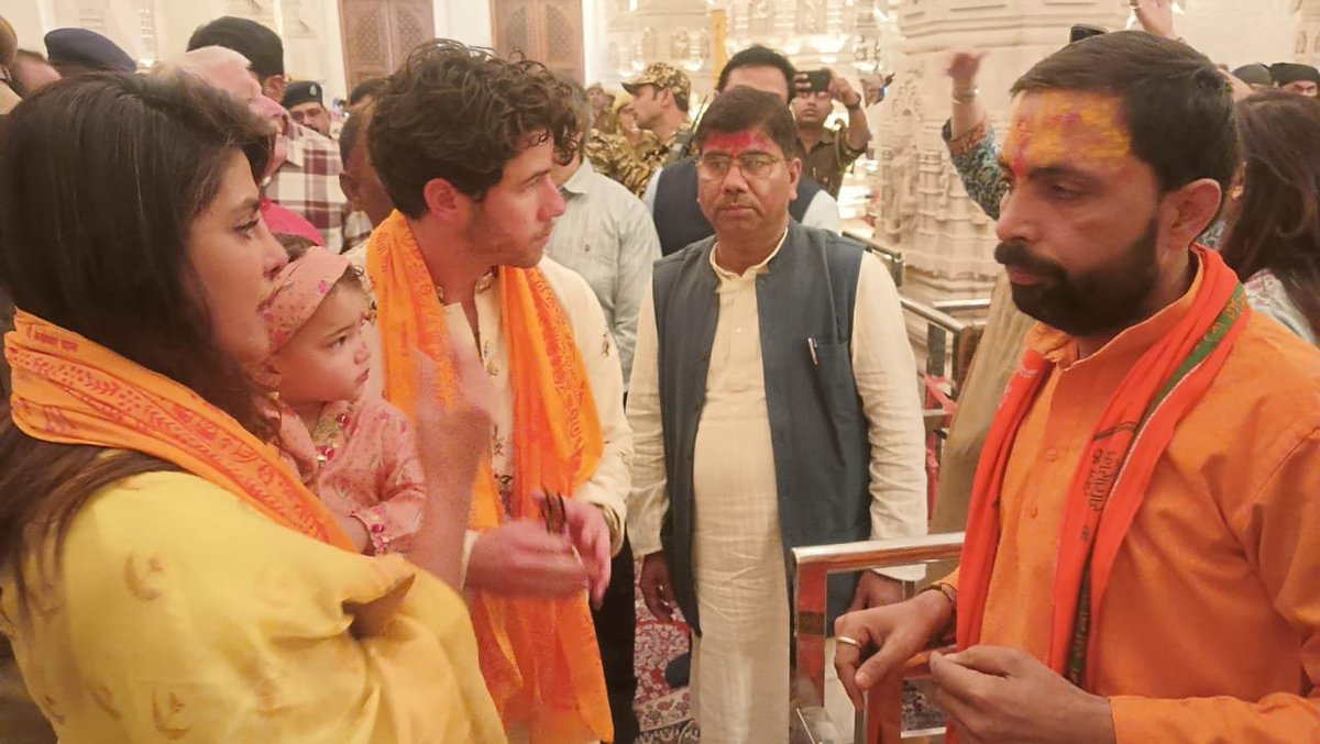 Actor Priyanka Chopra Jonas, husband and singer Nick Jonas and their daughter Maltie Marie Jonas offered prayers at Ram Janmabhoomi Temple in Ayodhya, Uttar Pradesh. (Source: Temple priest Pradeep Das)