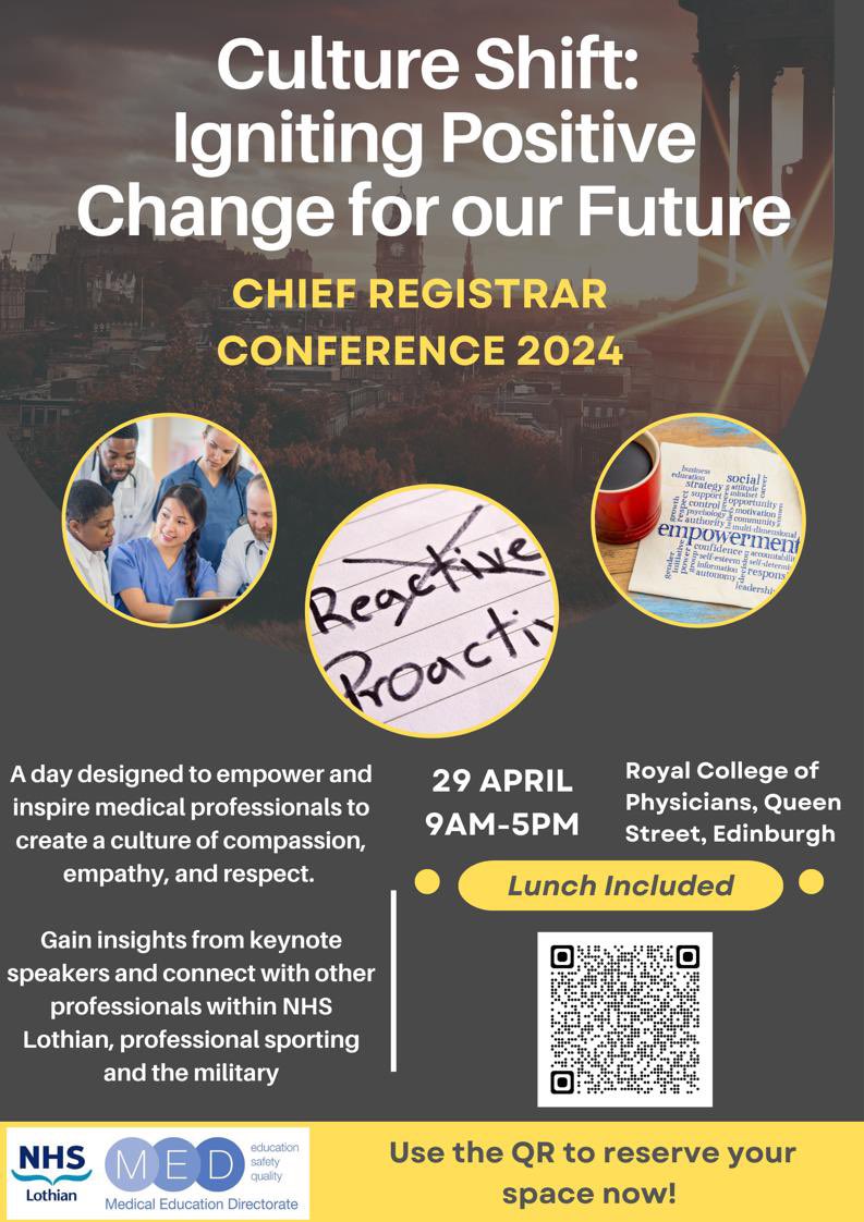 Join <a href="/NHS_Lothian/">NHS Lothian</a> Chief Registrars at an exciting (and free!) conference aimed at inspiring and empowering professionals to create positive change in our work place! We have some engaging speakers from Health, Military and Sport lined up! Tickets here: surl.li/rtdfh
