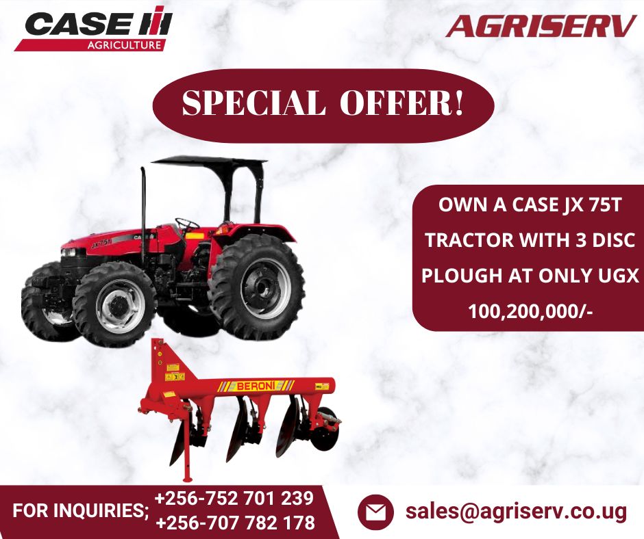 🚨𝐒𝐏𝐄𝐂𝐈𝐀𝐋 𝐎𝐅𝐅𝐄𝐑!🚨 

🚜 CASE IH JX 75T with a Beroni 3 Disc Plough.
 💰UGX 100,200,000/-
✅ After sales service

To purchase, get in touch with our sales team;
📞+256-752 701 239 / +256-707 782 178
📧sales@engsol.co.ug
#EngsolUg #FarmingMechanization #DiscountDeals