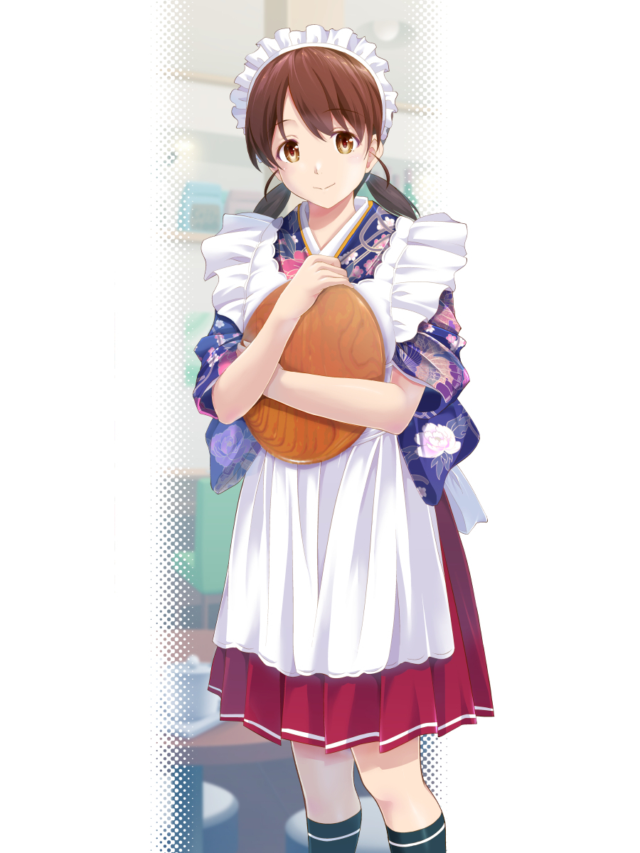 shirayuki (kancolle) 1girl solo looking at viewer smile skirt brown hair holding  illustration images