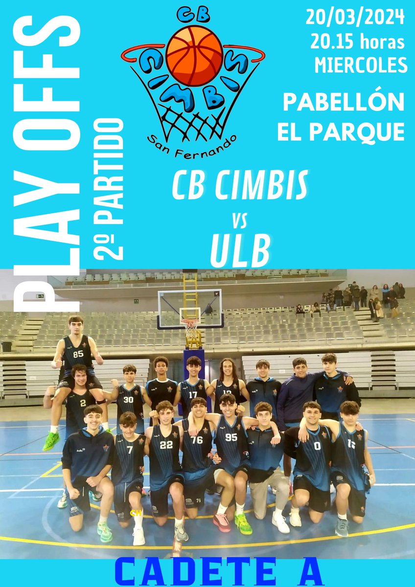 Ayer vivimos un partidazo en El Parque, hoy volveremos a vivir otro más.

Es el turno de los cadetes frente a ULB en semifinales.

Os esperamos nuevamente a las 20.15 horas para llevar a nuestros chicos en volandas.

Sí se puede y ellos van a darlo todo. Vamossss Cimbis. 💪🏼💙