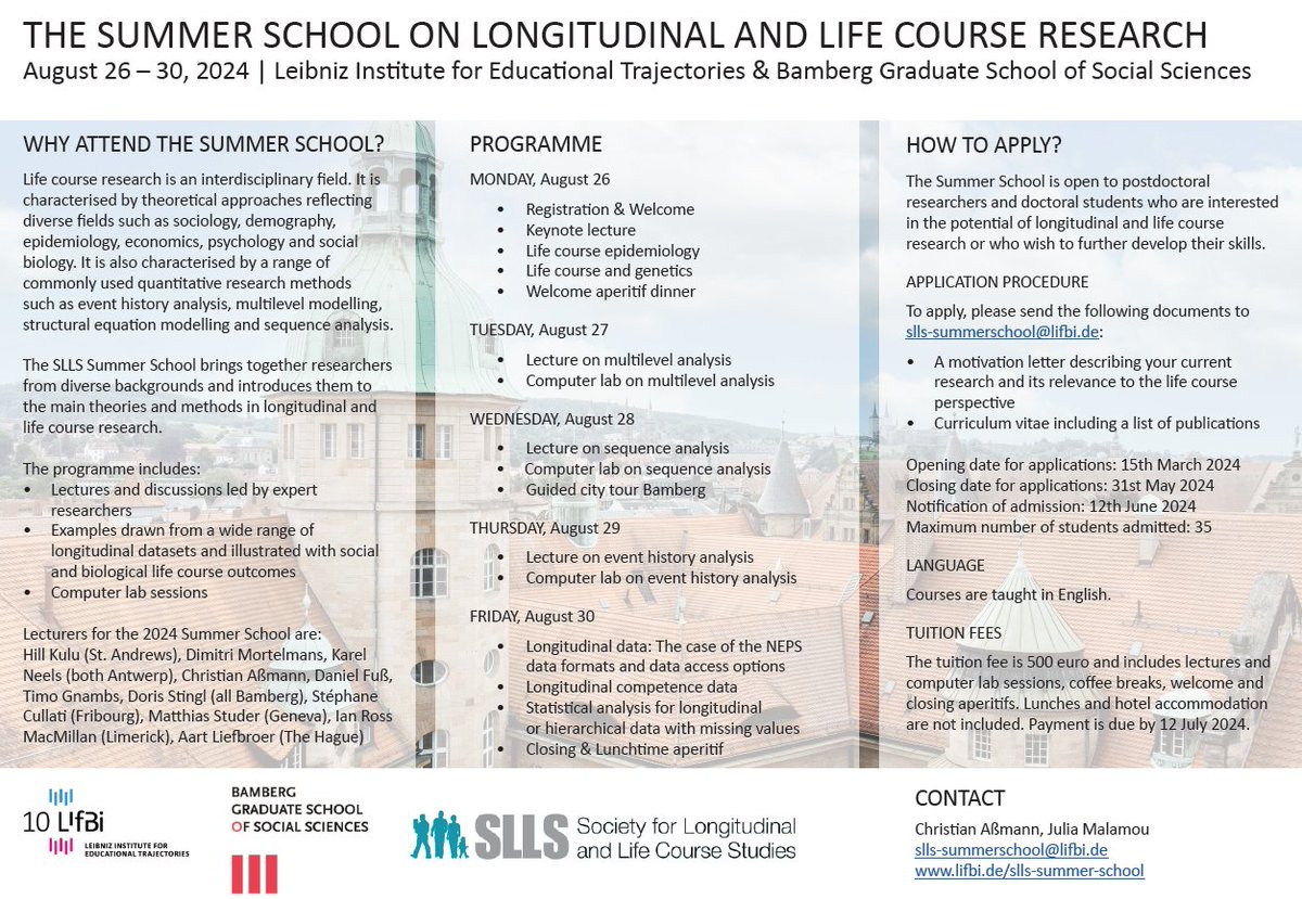Registration for the Summer School on longitudinal and life course research in Bamberg (26-30 August 2024) now open (deadline 31 May) 😀 Multilevel analysis, sequence analysis, event history analysis, missing values 👉lifbi.de/de-de/Start/Ak… @SLLShome @ecr_slls @Leibniz_LIB