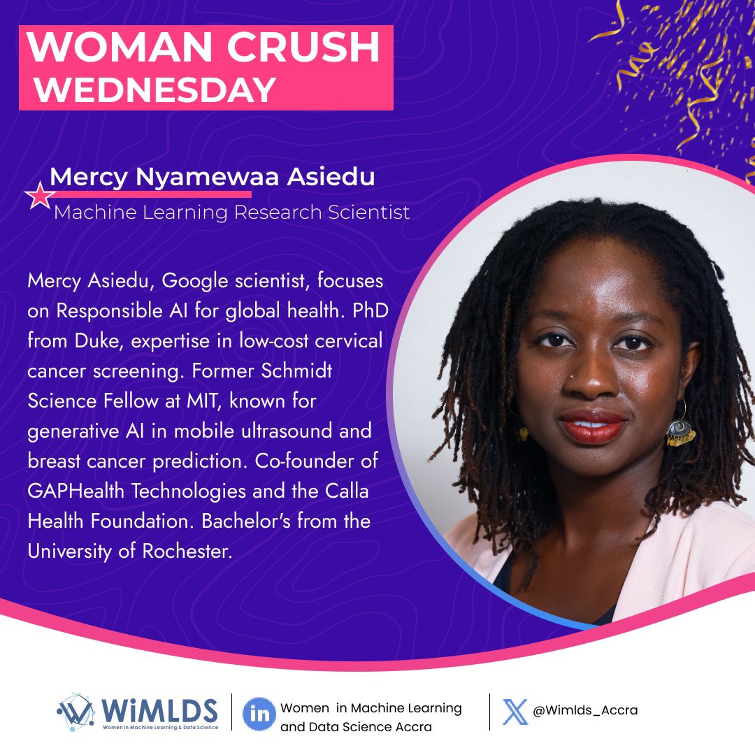 Our #WCW today is @dr_nyamewaa Boasting an impressive academic journey with a bachelor's degree from the University of Rochester and a PhD from Duke University, Mercy is currently a research scientist at Google Accra, Ghana. #WCW #DataScience #womeninstem #womeninspiringwomen