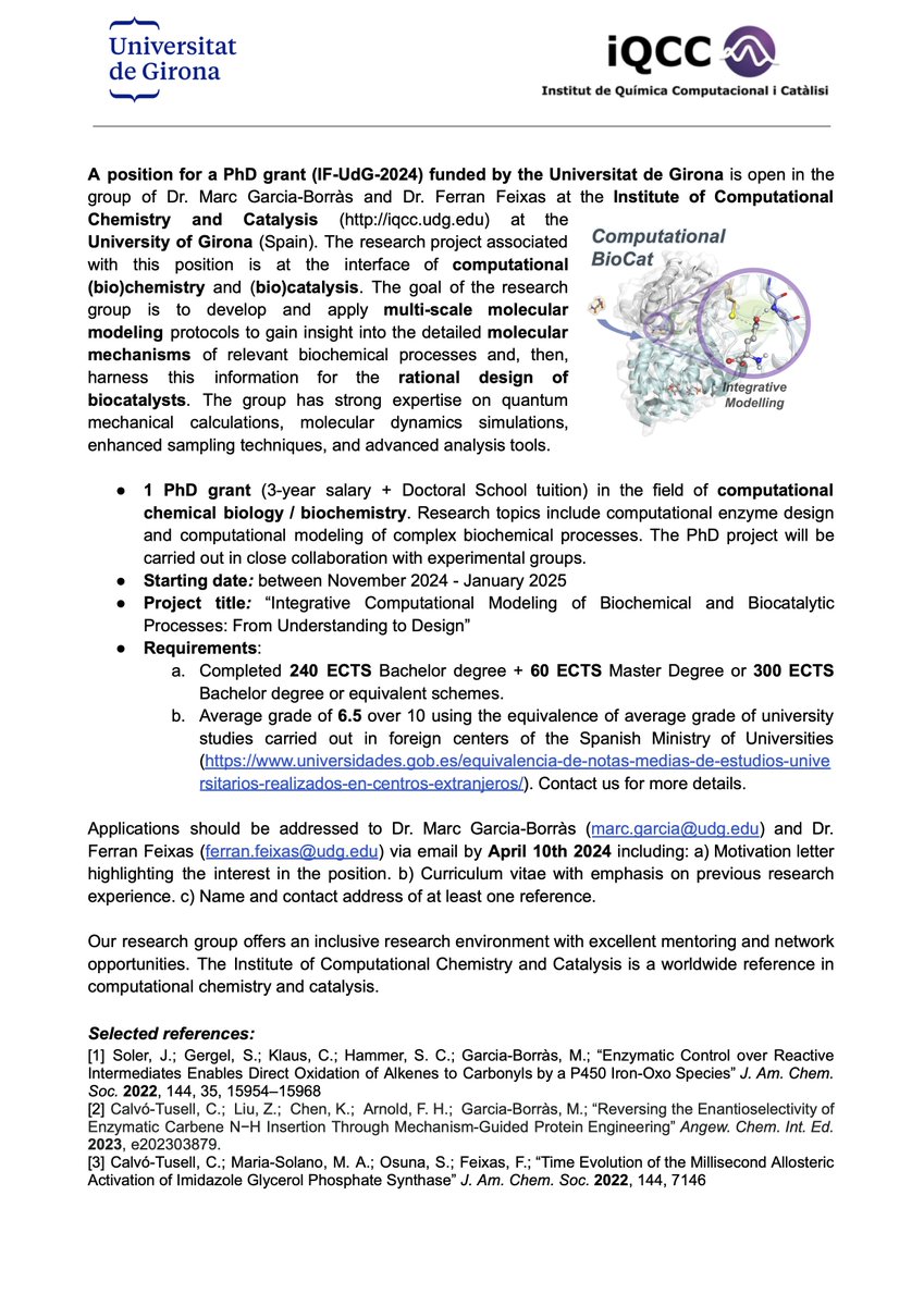 IQCC UdG (@iqccudg) on Twitter photo A PhD position in Computational Biochemistry and Biocatalysis is open in the group of Marc Garcia-Borràs (<a href="/MarcGBQ/">Marc Garcia-Borràs</a>) and Ferran Feixas (<a href="/ferranfeixas/">Ferran Feixas</a>) at the <a href="/IQCCUdG/">IQCC UdG</a> <a href="/DIMOCAT_iqcc/">DiMoCaT_IQCC</a> <a href="/TCBioSys/">TCBioSys</a> <a href="/univgirona/">Universitat de Girona</a> #compchem A PhD position in Computational Biochemistry and Biocatalysis is open in the group of Marc Garcia-Borràs (<a href="/MarcGBQ/">Marc Garcia-Borràs</a>) and Ferran Feixas (<a href="/ferranfeixas/">Ferran Feixas</a>) at the <a href="/IQCCUdG/">IQCC UdG</a> <a href="/DIMOCAT_iqcc/">DiMoCaT_IQCC</a> <a href="/TCBioSys/">TCBioSys</a> <a href="/univgirona/">Universitat de Girona</a> #compchem