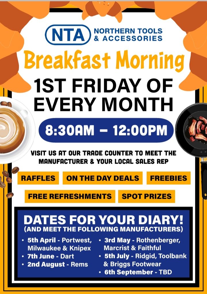 NorthernTools's tweet image. ***DATES FOR YOUR DIARY*** The First Friday Of Every Month We Will Be Hosting Breakfast Mornings Alongside Our Suppliers On The Following Dates 5th April, 3rd May, 7th June, 5th July, 2nd August &amp;amp; 6th September Be Sure To Pop Along &amp;amp; Grab A Bite To Eat #breakfast #supplier