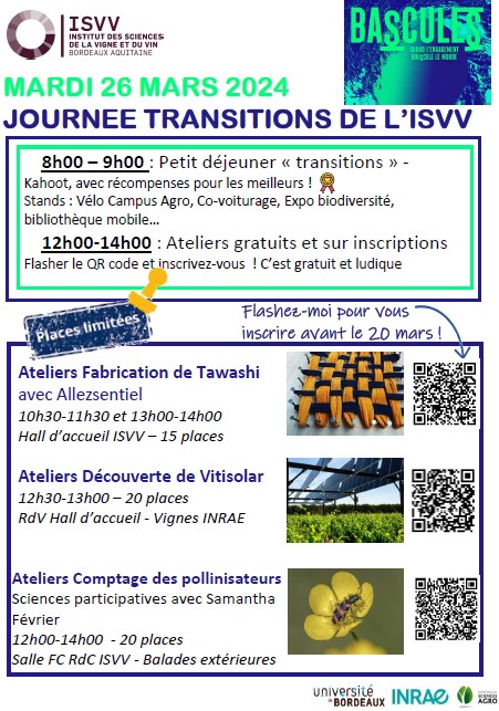 🗓️Le 26/03 c'est la journée #transition 🌍de nos collègues @isvv_bordeaux Au programme👉 des ateliers pédagogiques et instructifs sur la vigne🍇, les pollinisateurs🐝, l'énergie solaire☀️ Inscrivez-vous en flashant les QR Code👇