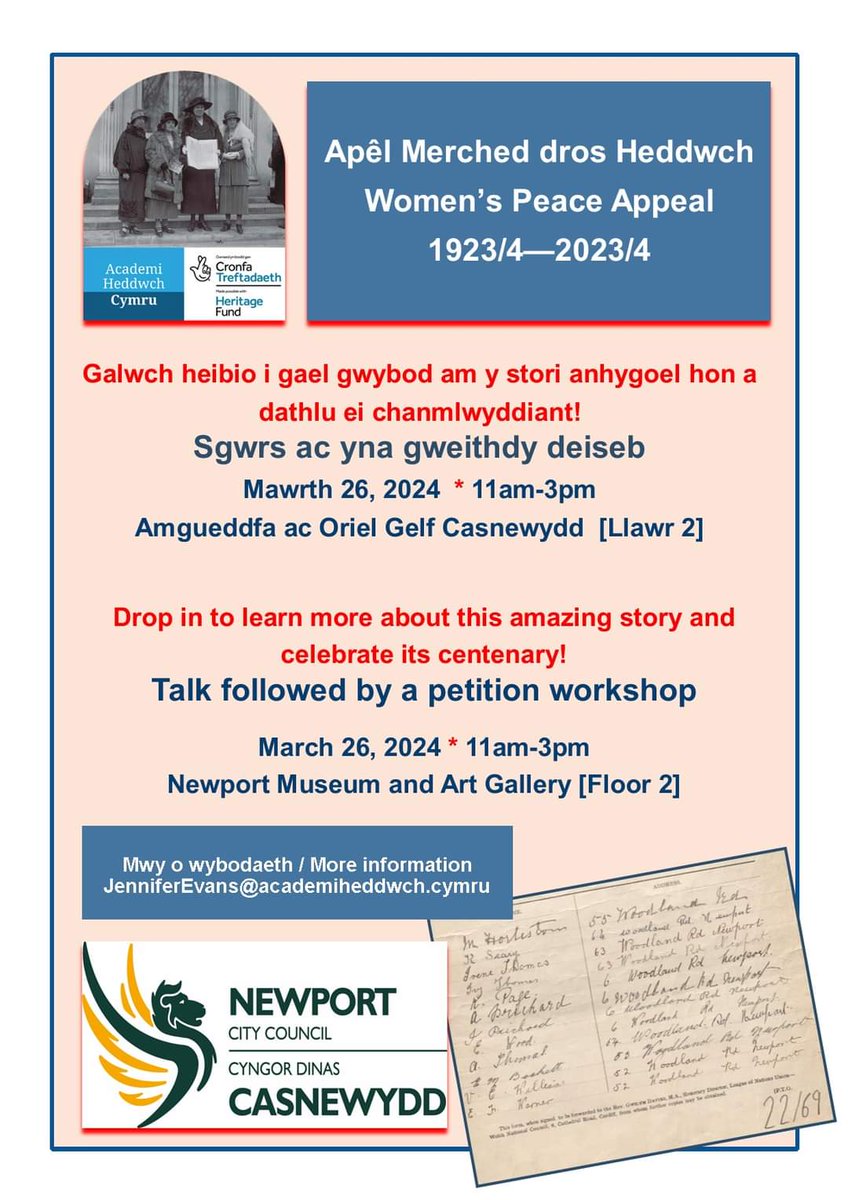 Rhannu stori'r ddeiseb - Casnewydd y tro hwn. Sgwrs a gweithdy (yn Saesneg y tro hwn) i ddod i'r afael â hanes ein cyn-mamau. Sharing the story of the petition - Newport this time. Talk and workshop to get to grips with our fore-mothers' stories.