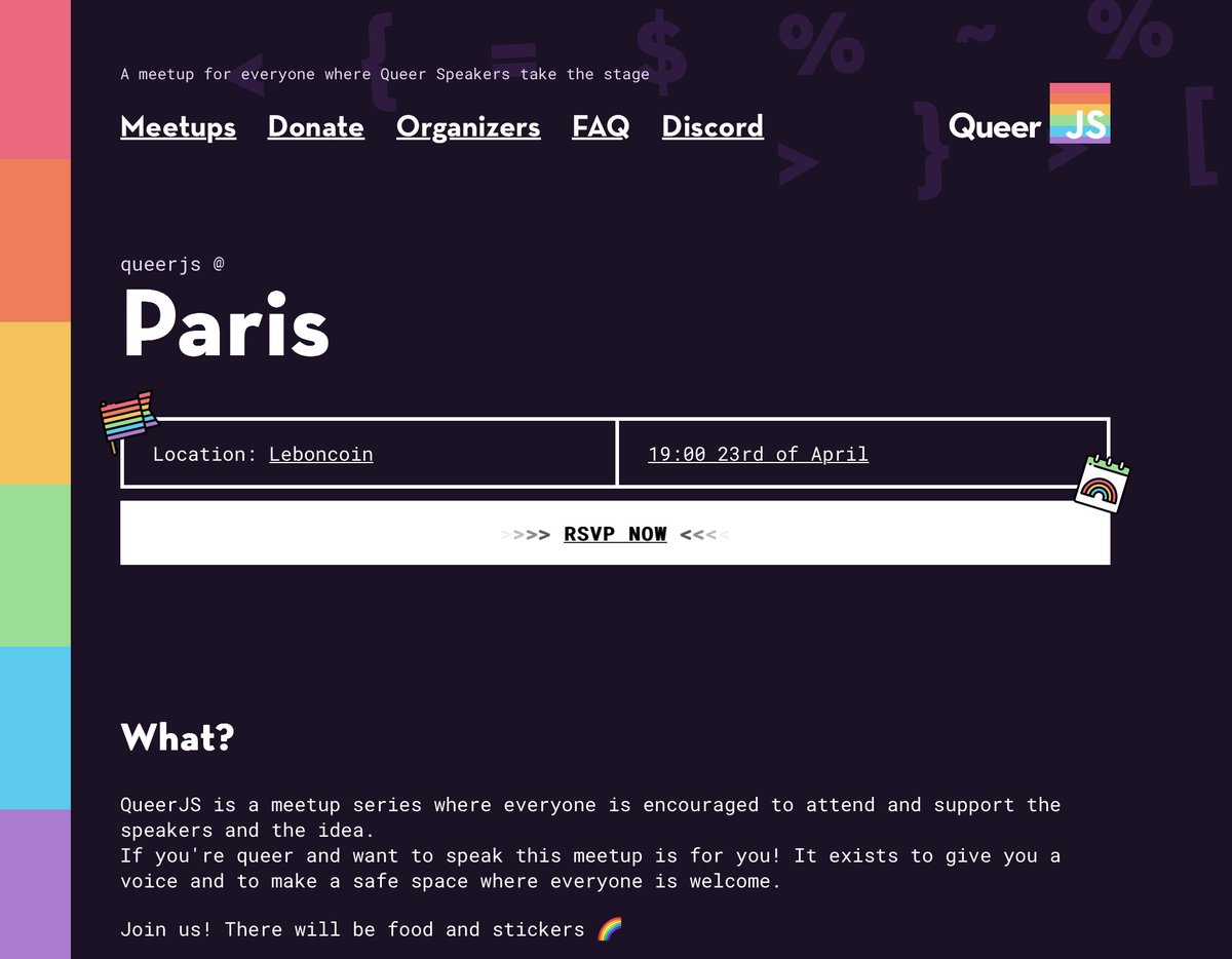 The week of April 22 just got more colorful! React Connection & @ReactNativeConn will be followed by the @QueerJS meetup, organized by @NikkitaFTW, @nearestnabors and @PolaDuco! Happening April 23 @leboncointech. 👉 RSVP : queerjs.com/paris-2024/