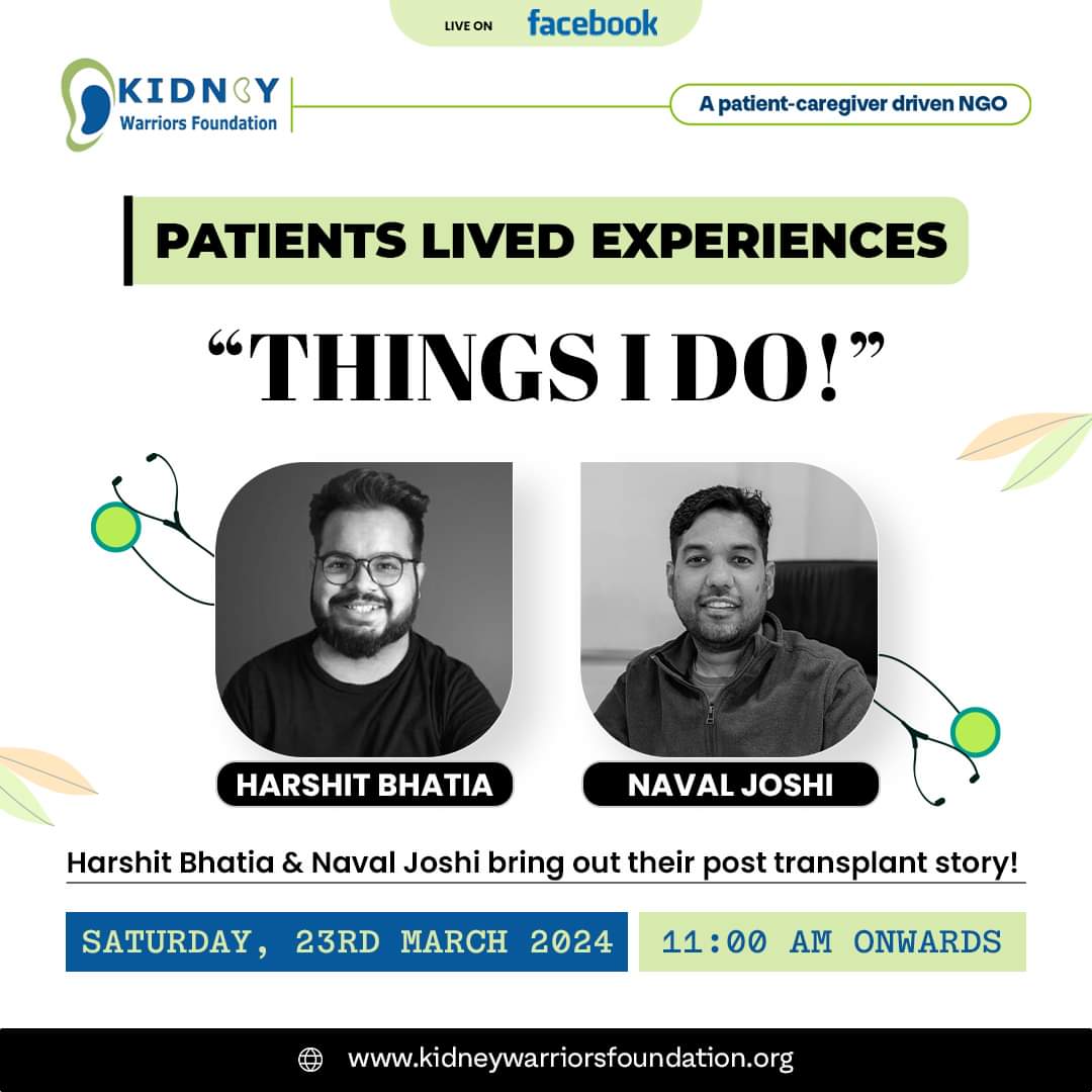 Join Harshit Bhatia and Naval Joshi as they share their post-transplant journey in a fun, inspiring, and mentoring sessions!
🌟 Discover “Things I Do!” on 23rd March 2024, Saturday at 11 am live on FB. Don’t miss this uplifting experience!

#TransplantJourney #Inspiration