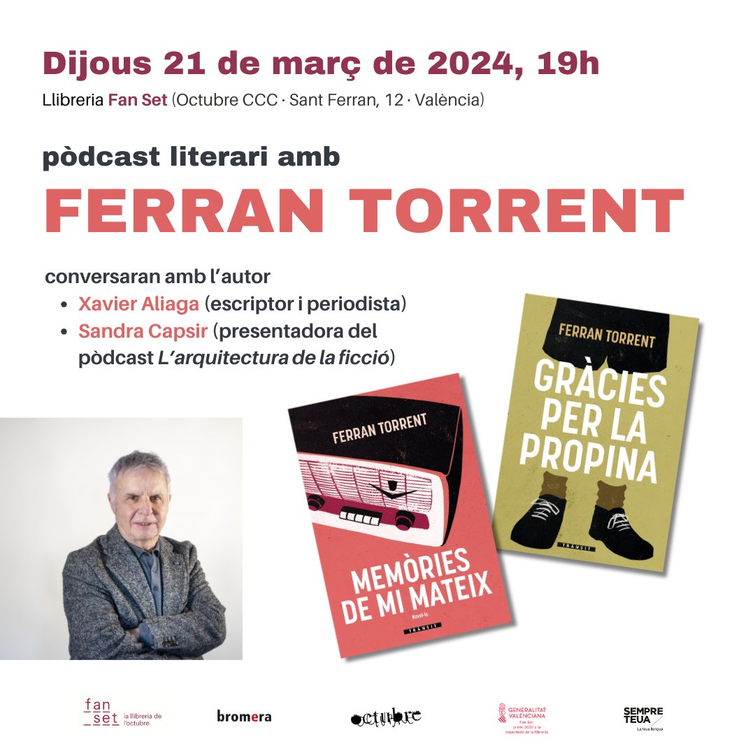 Demà a les 19h, a l'<a href="/OctubreCCC/">OctubreCCC</a>, Ferran Torrent conversarà amb Xavier Aliaga i Sandra Capsir a propòsit de "Memòria de mi mateix", també per celebrar el 30 aniversari de la publicació de "Gràcies per la propina". Us hi esperem!