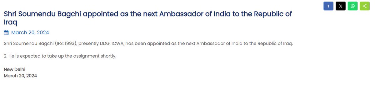 Soumendu Bagchi, presently DDG, ICWA, has been appointed as the next Ambassador of India to the Republic of Iraq.