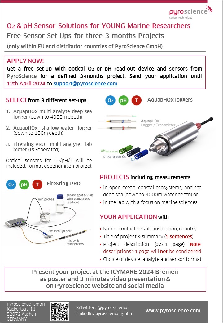 📢Looking for O2 and/or pH sensor solutions for YOUR next research project in #marinescience? As a supporter of the #ICYMARE2024 Conference for Young Marine Researchers, we have a new call for 3-months projects. 👉Apply until April 12. #FireSting #AquapHOx