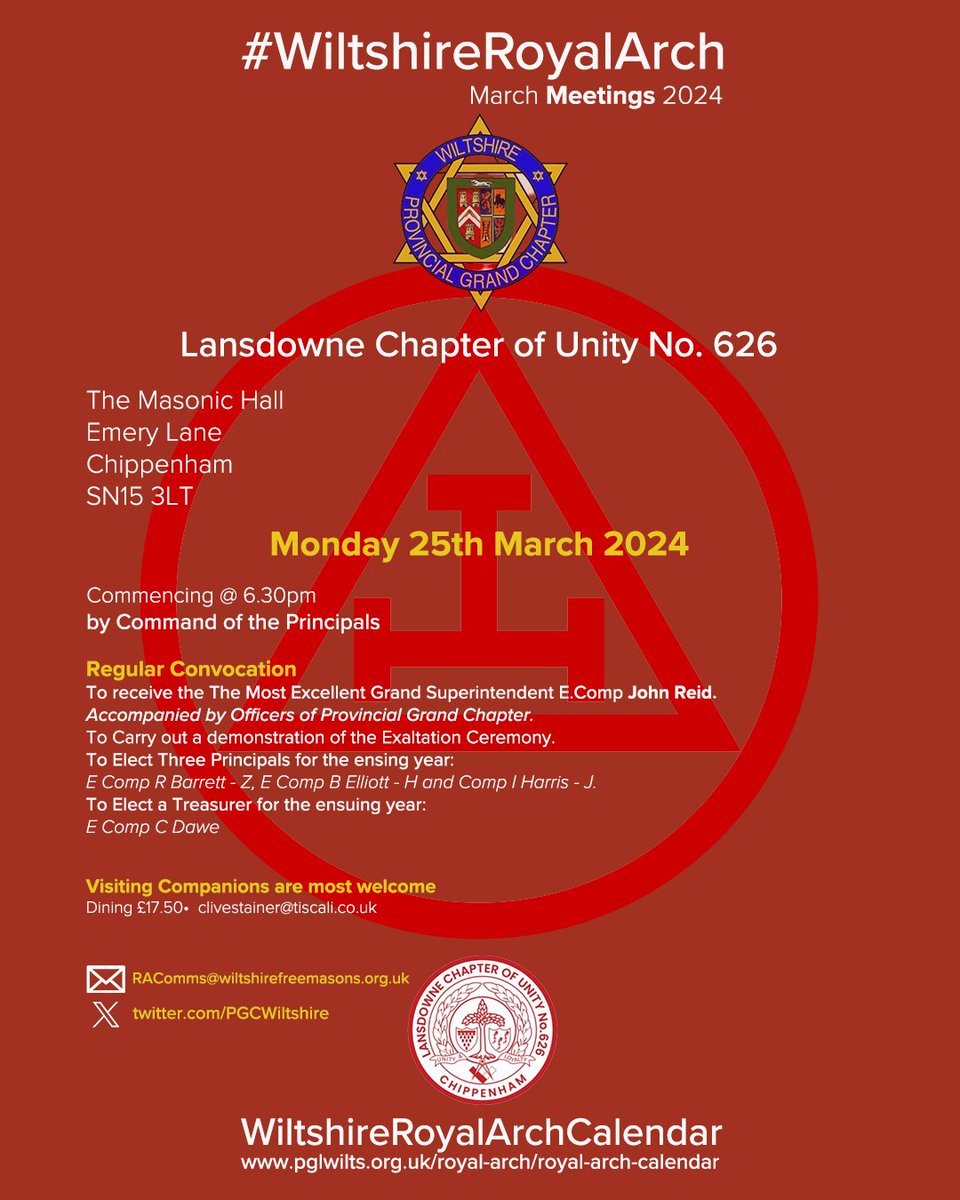 #WiltshireRoyalArch Meetings-March-2024. Lansdowne Chapter of Unity No. 626. Monday 25th March @ 6.30pm. The Masonic Hall, Emery Lane, Chippenham SN15 3LT. Visiting Companions are most welcome to attend #RoyalArch <a href="/wiltspgl/">Wiltshire Freemasons</a> @pgcWiltshire