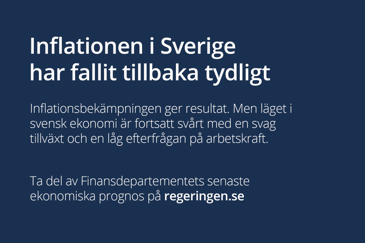 I dag presenterar finansminister Elisabeth Svantesson den senaste prognosen för svensk ekonomi. Inflationen i Sverige har fallit tillbaka tydligt, men det är ett fortsatt svårt läge för svensk ekonomi. Ta del av prognosen på vår webbplats: regeringen.se/pressmeddeland…