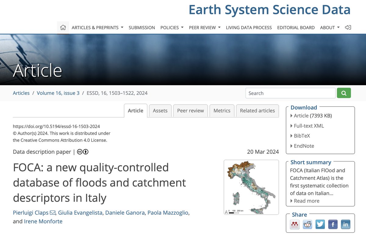 The Italian FlOod and Catchment Atlas (FOCA), a product of the #PNRR #Return Project, is out!
Free data are on 631 basins are on Zenodo (doi.org/10.5281/zenodo…). The full paper is free on ESSD (essd.copernicus.org/articles/16/15…). @Gii_Idraulica @ISPRA_Press @giornaleprociv @EGU_HS