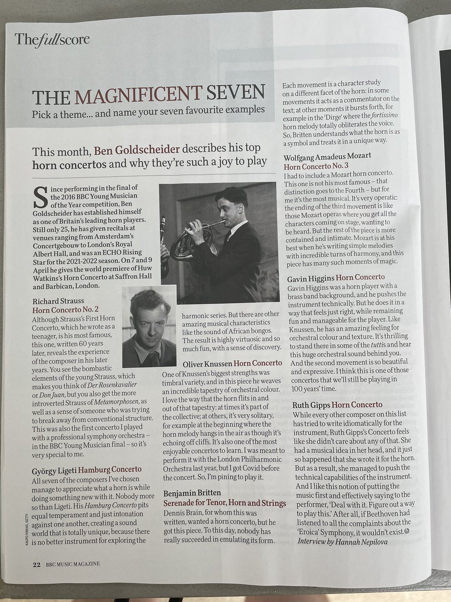 In good company there! Thanks @bengoldscheider for including me in your top 7 horn concertos! (Though I sadly probably won’t be here in 100 years time) @MusicMagazine @BBCNOW @philzuid @DuncanWardMusic