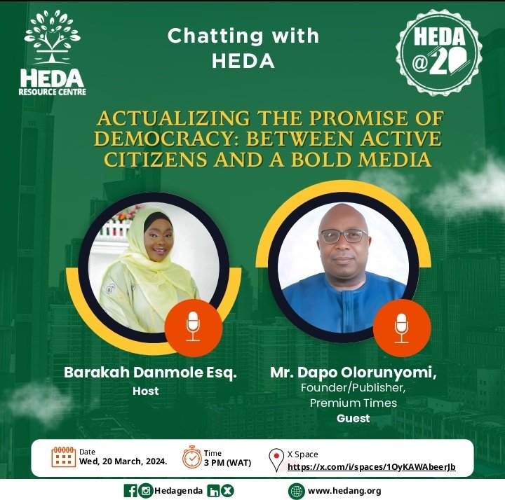 📢 Today is the day! Don't miss out on 'Chatting with HEDA' happening this afternoon at 3:00 pm. Citizen involvement and robust media are fundamental to democracy. Be sure to join in and be part of the discussion! Link to join: x.com/i/spaces/1OyKA…