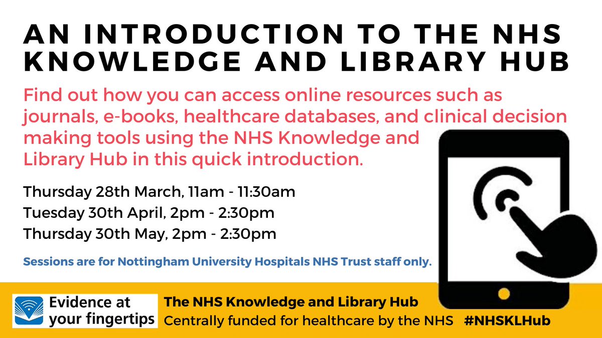 Join one of our free Introduction to the NHS Knowledge & Library Hub sessions to discover how to access a variety of e-resources. These are open to all @nottmhospitals staff & are held over Microsoft Teams. View our courses & book your place here: eventbrite.co.uk/o/nottingham-u… 💻