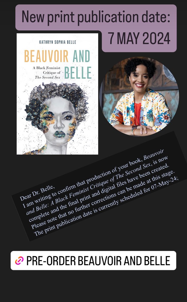 Excited about my book BEAUVOIR AND BELLE: A BLACK FEMINIST CRITIQUE OF THE SECOND SEX getting out into the world. New print publication date: 7 May 2024!