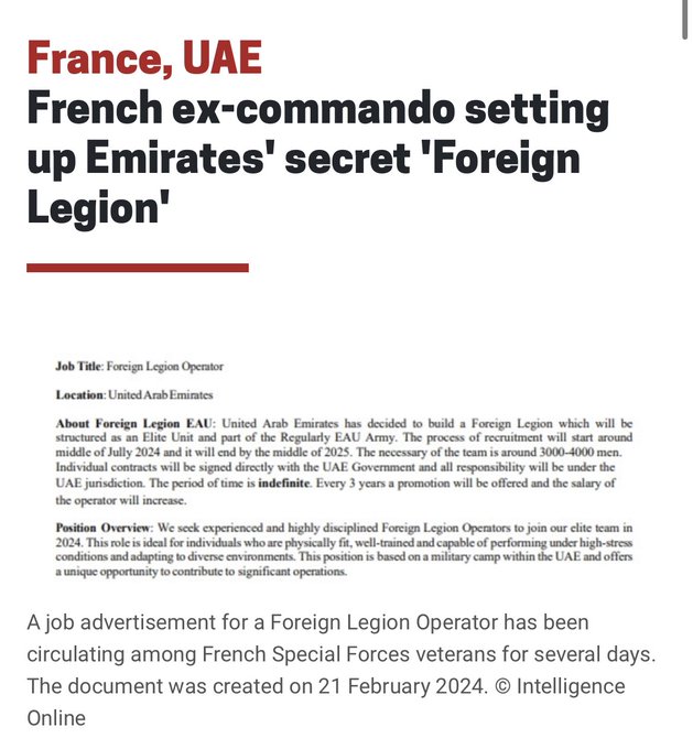 UAE setting up its own version of the French foreign legion to deploy them to Somalia and Yemen with the help of a former French commando. Emirati clowns trying to play dress-up with other people's armies. @cjwerleman @g_morkert @LiamOMaraIV @Femi_Sorry intelligenceonline.com/international-…