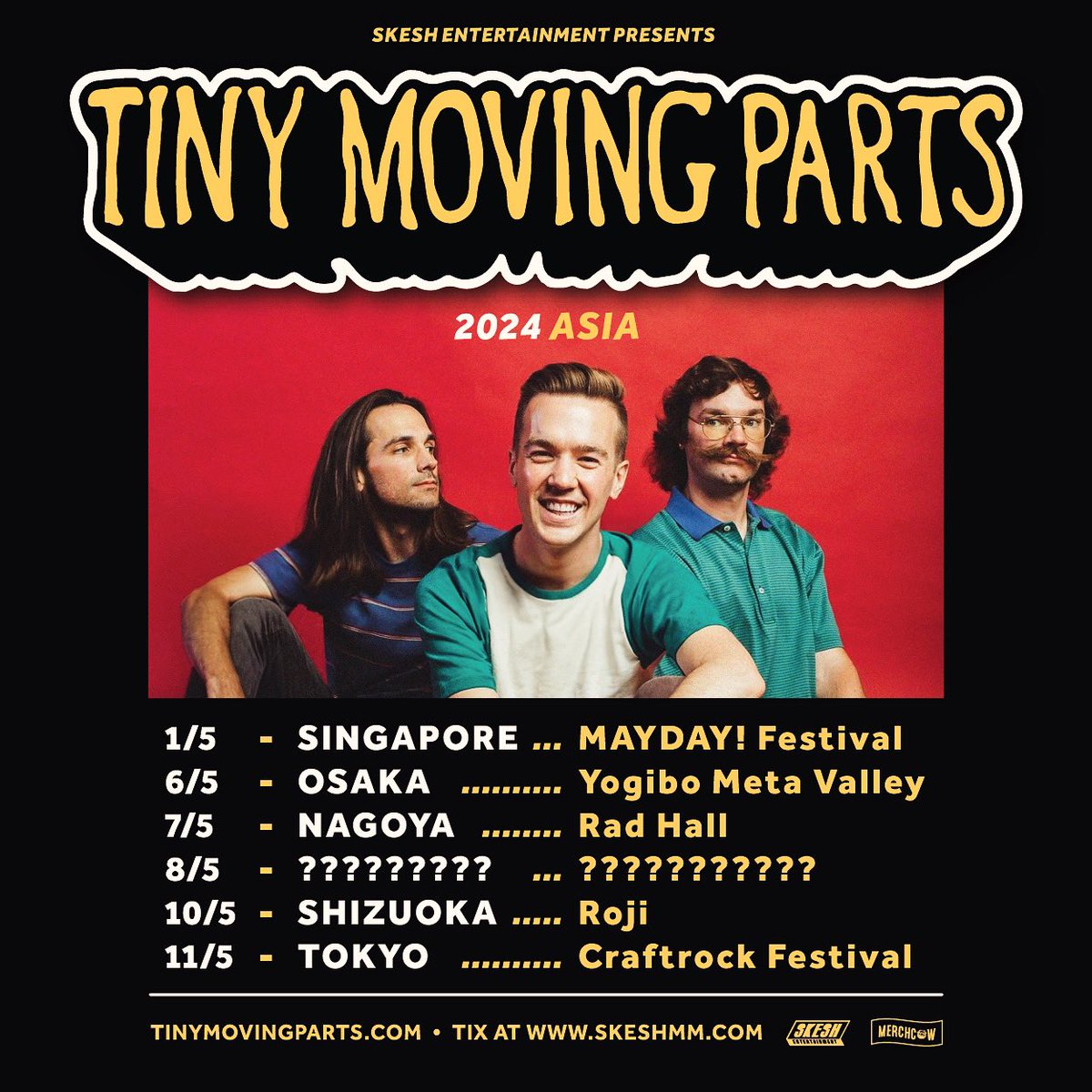 The boys are back! Catch @TinyMovingParts touring through Asia again this May! More shows to be announced soon.. Ticket details on our website. #TinyMovingParts #UnionWayJapan #SkeshEntertainment