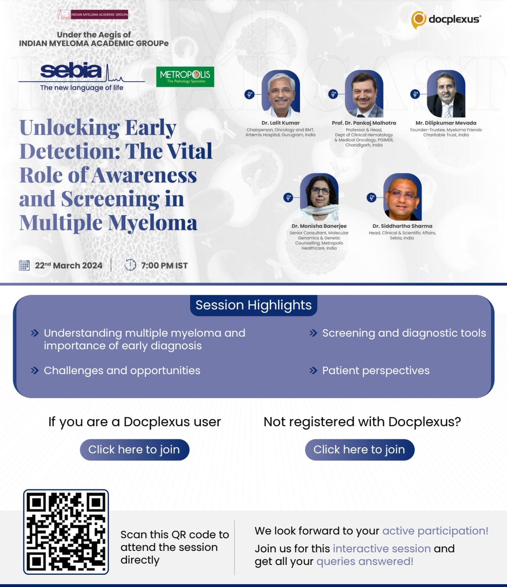 #Myelomaactionmonth #InternationalMyelomaFoundation Join the webinar by IMAGe, Sebia & Metropolis on the 'vital role of awareness and screening for early detection of Myeloma' from @DrPMPGI and Dr. Lalit Kumar. We have patient perspective deliberated by @Myelomafriends