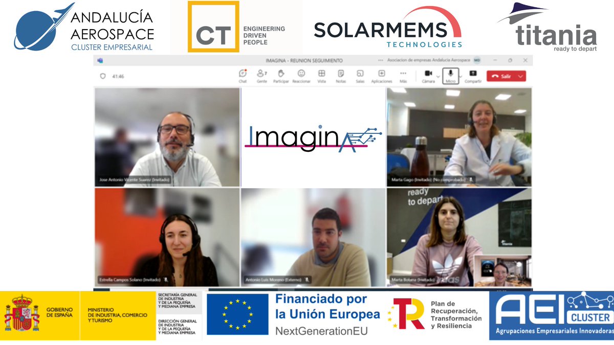 AndAerospace's tweet photo. El pasado lunes tuvimos una reunión de seguimiento del proyecto IMAGINA con los socios del clúster que participan @CTengineers , @Titania_aero , #SolarMEMS. Para conocer más sobre el proyecto sigue leyendo en nuestra web-> https://t.co/InpylUSk95 https://t.co/1CaJka07hx