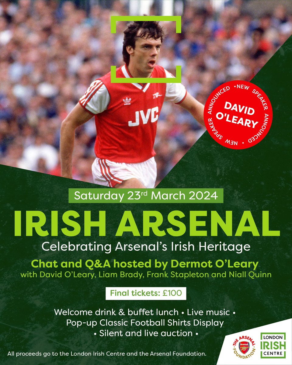 We’re delighted to announce that the legendary David O’Leary will join the panel at our Irish Arsenal fundraiser on Saturday! 🎉 Final tickets left for a great day out at the Emirates to celebrate the club’s Irish connections. ☘️ Click below to book! londonirishcentre.ticketsolve.com/ticketbooth/sh…