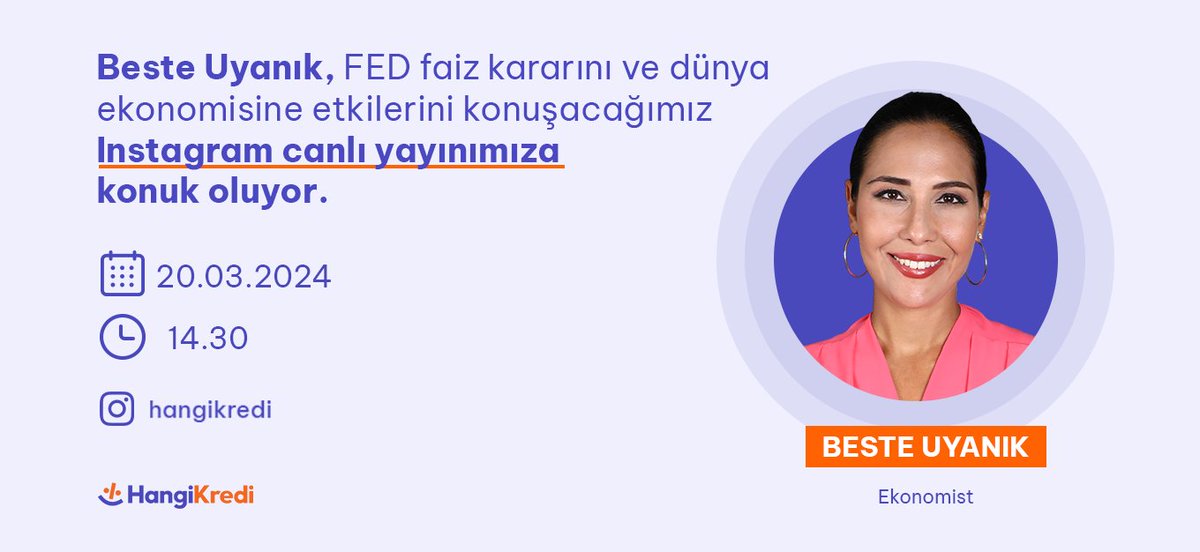 Ekonomist @BesteUyanik ile bugün 14.30'da FED faiz kararı öncesi beklentileri konuşacağımız Instagram canlı yayınımıza davetlisiniz. 👉🏼 instagram.com/hangikredi/