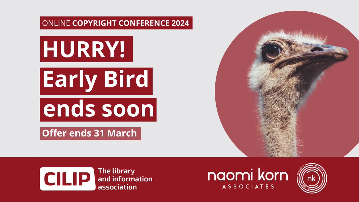 CILIPinfo's tweet image. Hurry! Early bird offer ends 31 March. Book now to join our programme exploring the implications of emerging technology on the copyright &amp;amp; licensing landscape. #CopyrightConference in assoc with Naomi Korn Associates | Online | Thurs 23 May. Register at: cilip.org.uk/page/Copyright…