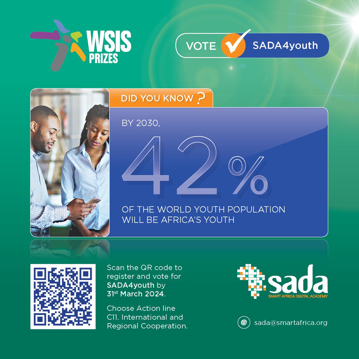 According to @wef, some 230 million jobs across the continent will require some level of #digitalskills by 2030. We've taken up the challenge headfront to provide #digital & #entrepreneurship skills for #African #youth. Register to vote for #SADA4youth tinyurl.com/bdcskrv7