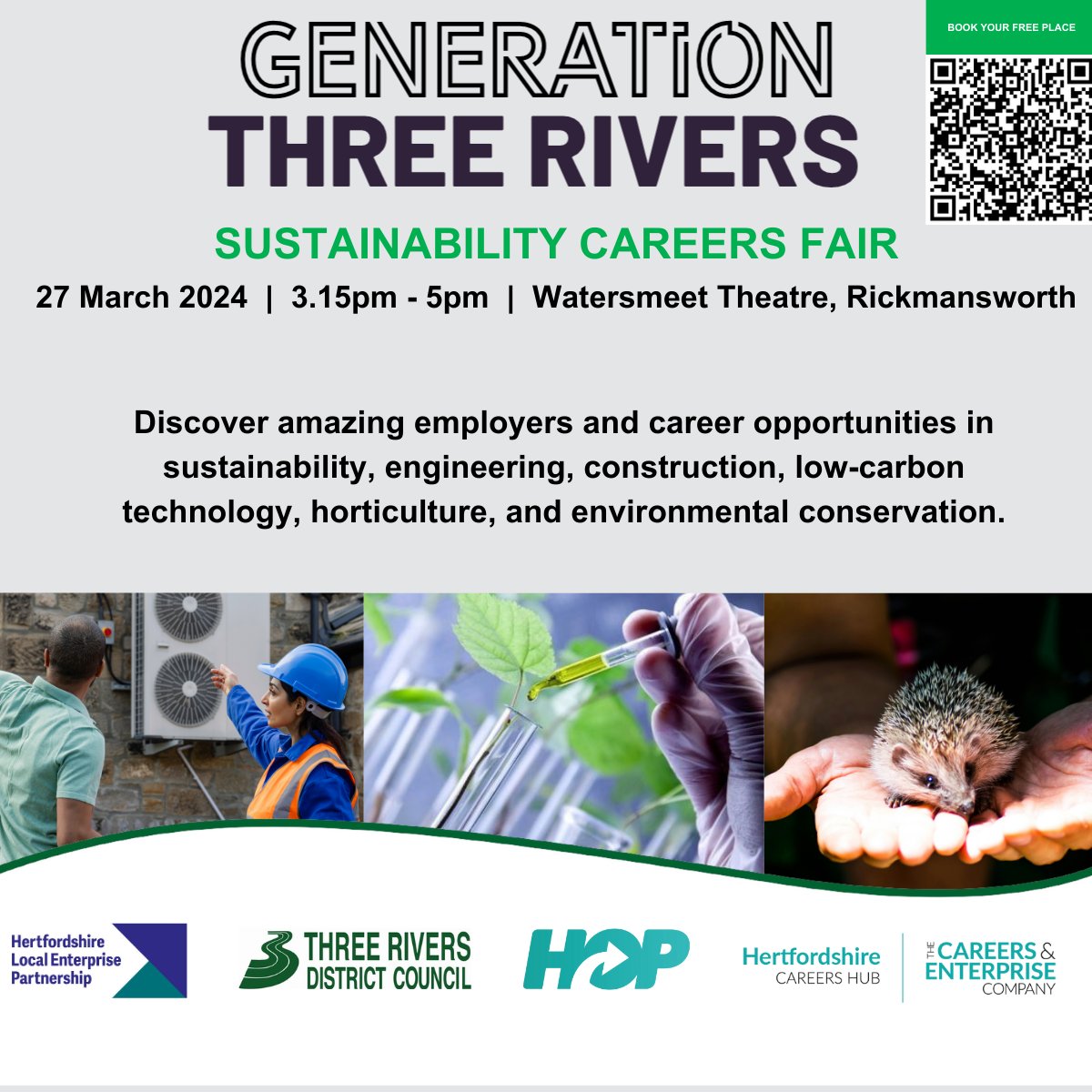 Join us for our #sustainability #careerfair Interested in sustainability, engineering, construction, low-carbon technology & environmental conservation? Meet with major employers! 👉 ow.ly/FKpy50QLnyZ #ThreeRivers #Hertfordshire @hertscc @Hopinto_herts @WatersmeetVenue