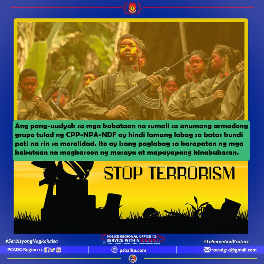 STOP TERRORISM!

#PCADGRegion12
#BagongPilipinas
#servicewithheart
#PulisSerbisBalita
#PCADGRegion12