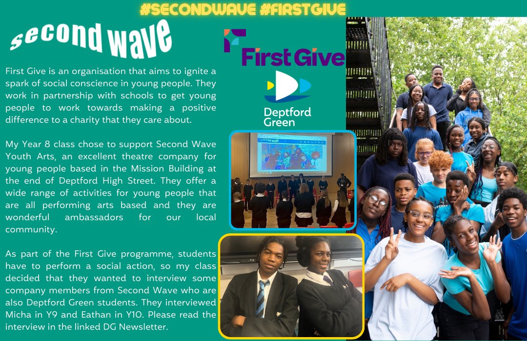 As part of their @FirstGiveUK project & their #socialaction, Mr Paish's Y8 class interviewed 2 DG @SecondWave1 theatre company members, the local #deptford charity whom they have chosen to support. The interview can be read in full on our newsletter ➡️tinyurl.com/DGNewsr