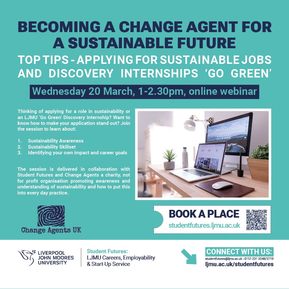 Thinking of applying for a job in sustainability or an LJMU 'Go Green' Discovery Internship (bit.ly/3PnPPEV)? Want to make your application stand out? @LJMU students from any course/year join this online session today 1-2.30pm for tips & advice - bit.ly/3Tj3PAV