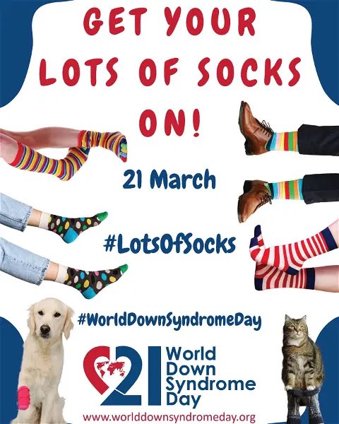 #LotsOfSocks Wear your funkiest socks (+ they don’t have to match) for World Down Syndrome Day tomorrow - Thursday March 21st. 🧦 🧦 🧦 🧦