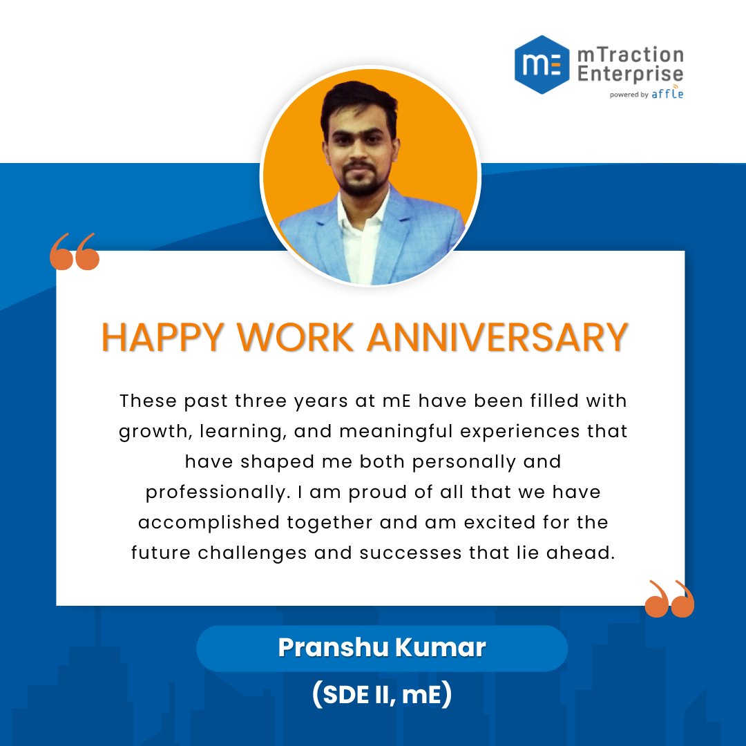 Congratulations Pranshu Kumar for officially completing 3 years at mTraction Enterprise!

Your expertise & commitment have been instrumental in our growth & success. Happy work anniversary!

#CelebratingYou #WorkAnniversary #EmployeeSpotlight #mTractioners