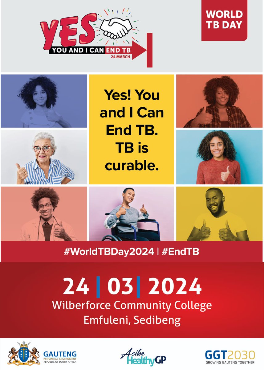 Happening this coming Sunday, 24 March 2024 World TB Day will be commemorated in Evaton, Wilberforce College, under the theme 'YES! You and I can End TB”. #WorldTBDay24 #EndTB
