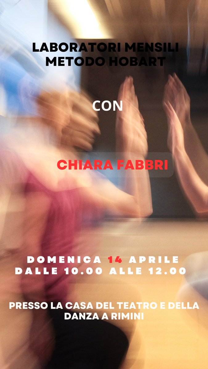 Laboratori mensili Metodo Hobart
Per  info: Movimento Centrale Danza &amp; Teatro tel. 0541 726107 – cell.  340 3475389 – info@movimentocentrale.org – movimentocentrale.org