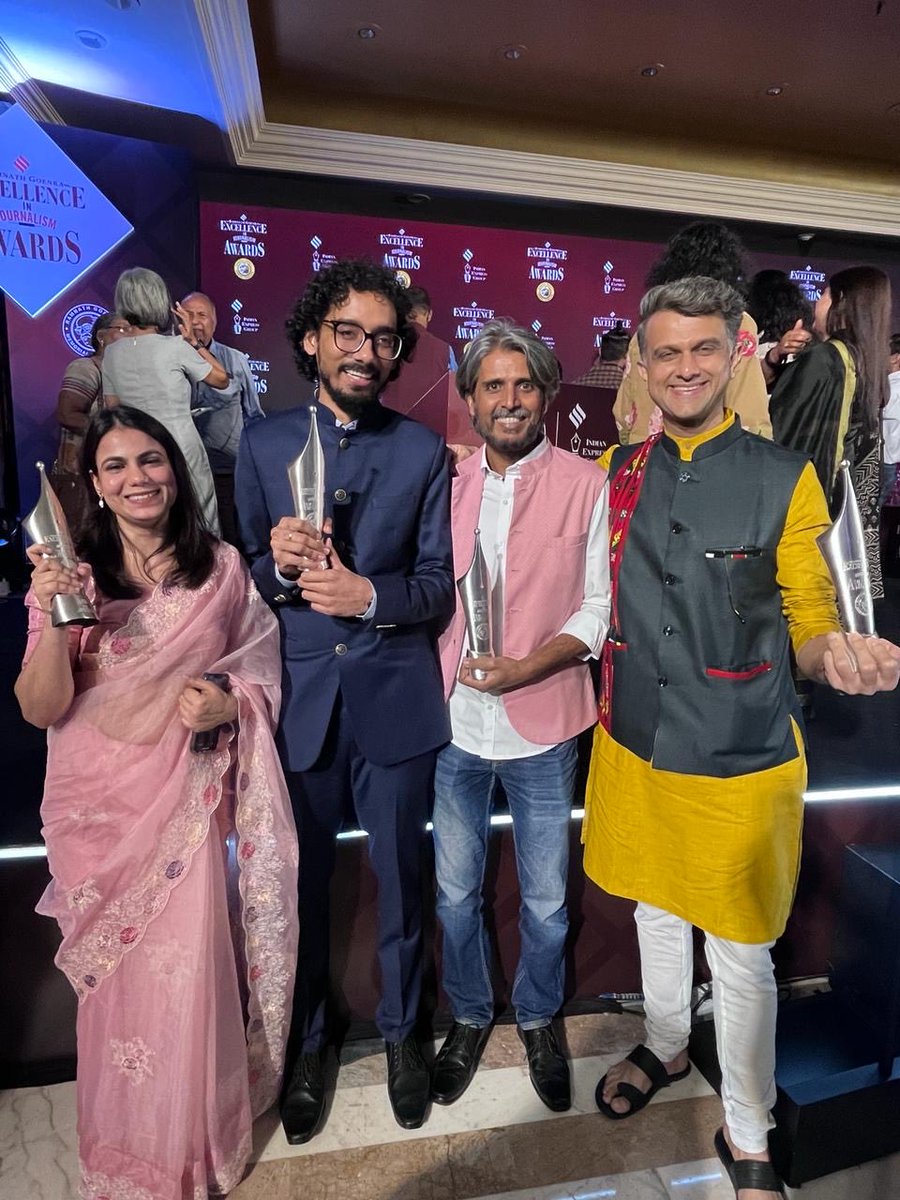 What a night! Ramnath Goenka Excellence in Journalism Awards with four of our journalists and shoot edits winning the top honours. ⁦@Kirti_Dubey07⁩ ⁦@1vikastrivedi⁩ ⁦@jugalrp⁩,Tejas, along with brilliant shoot edits Debline, Pavan, Mansih and Piyush❤️❤️❤️
