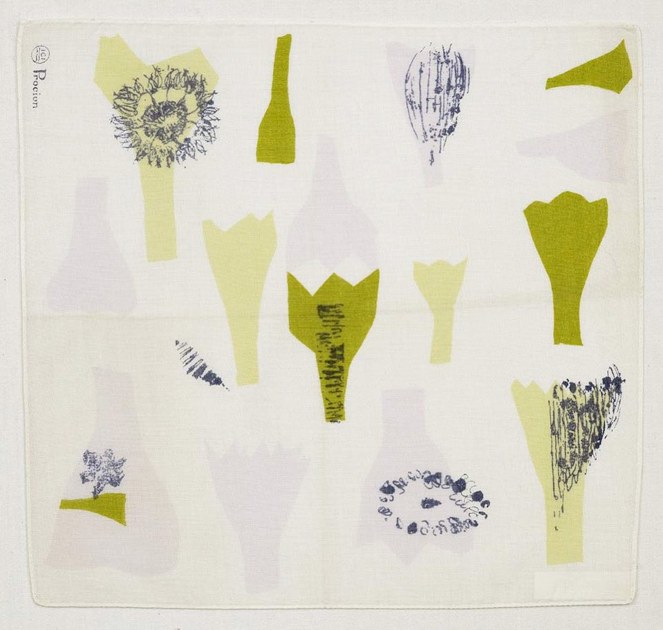 We mark #SpringEquinox2024 with this handkerchief designed by #LucienneDay for ICI in 1962. In this fresh ‘contemporary’ take on traditional floral themes, the abstract flower buds are in the soft greens and mauves of early Spring. Image #fromthearchives of textile @WhitworthArt