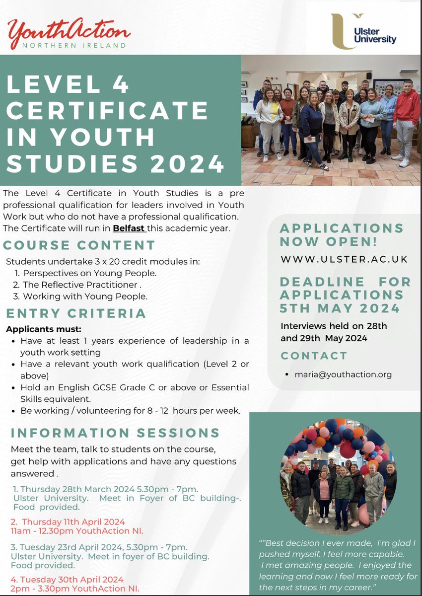 Interested in finding out more about the Level 4 Certificate in Youth Studies - see below for details of upcoming information sessions. The first one is next week in UU 👇 #youth #youthwork