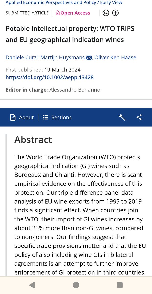 A happy coincidence: this paper on GIs that we presented at AES 2022 @AgEconSoc had just come out online today on the last day of #AES_2024. We find that WTO protection of EU wine Geographical Indications has increased their exports @AEPP_AAEA.