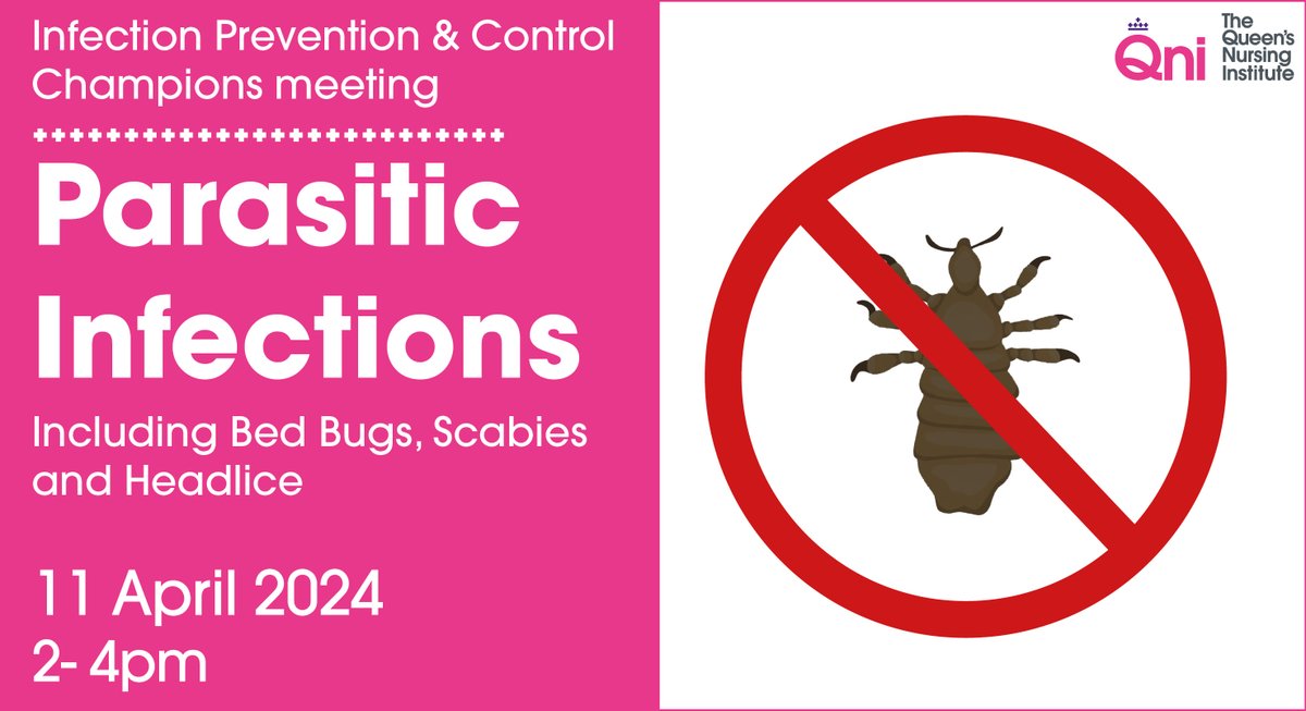 Join us for our free #InfectionPreventionControl champions meeting on 11 April, 2-4pm. 

All #nurses and healthcare professionals in #AdultSocialCare are welcome to attend. 

The theme is #parasitic #infections: #bedbugs #scabies #headlice 

Book here👉: qni.org.uk/news-and-event…