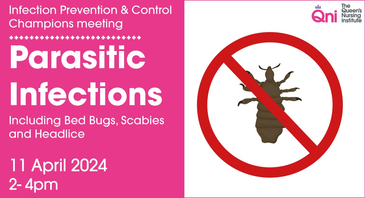 Join us for our free #InfectionPreventionControl champions meeting on 11 April, 2-4pm. All #nurses and healthcare professionals in #AdultSocialCare are welcome to attend. The theme is #parasitic #infections: #bedbugs #scabies #headlice Book here👉: qni.org.uk/news-and-event…